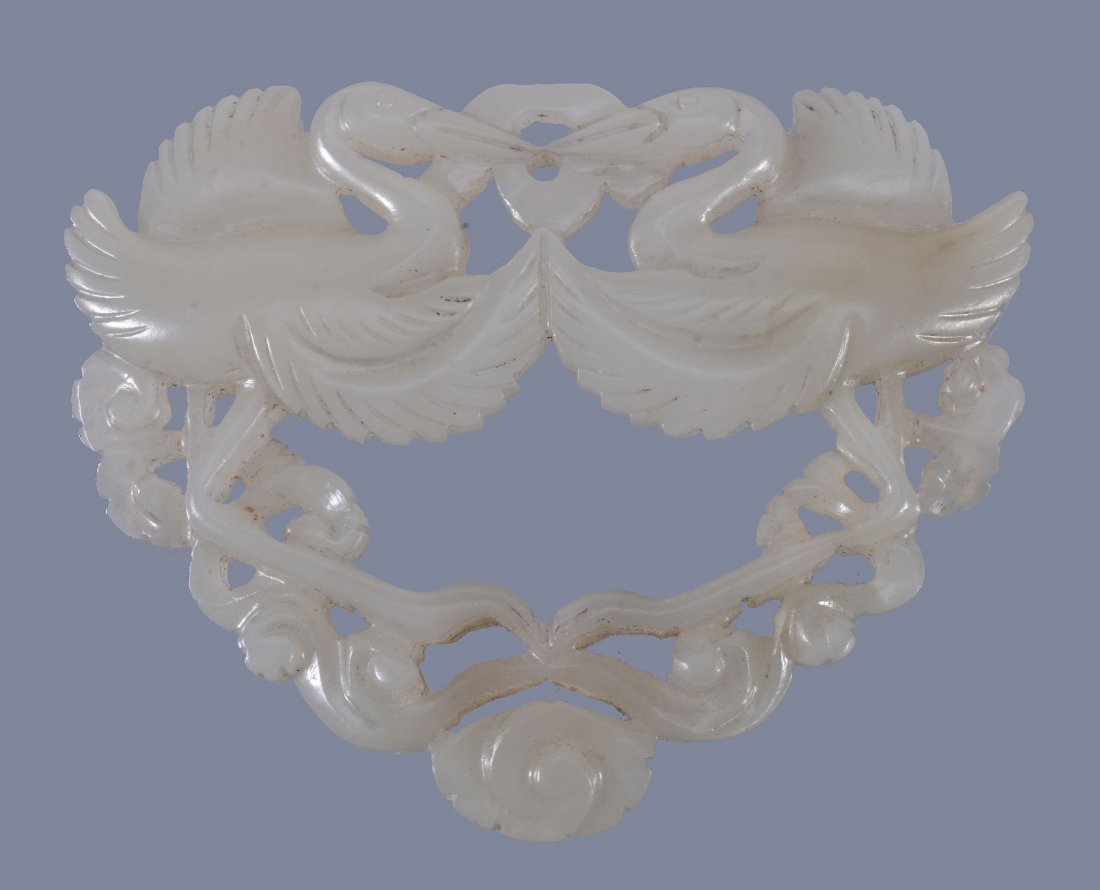 A Chinese white or pale celadon jade double 'Goose' or (1 of 2)