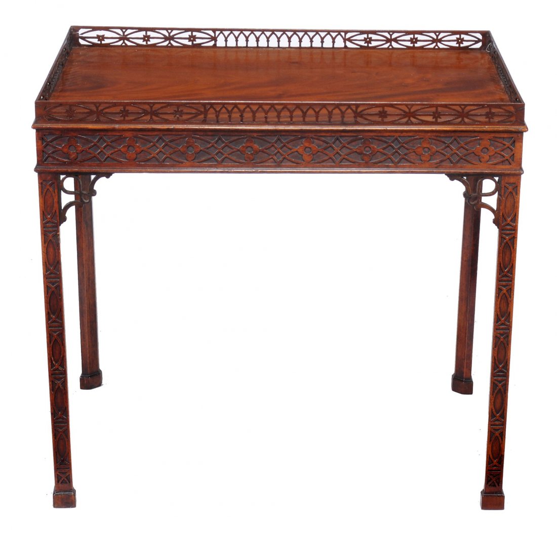 A mahogany silver table in George III style , late: A mahogany silver table in George III style , late 19th/early 20th century, with fretwork decoration after the manner of Thomas Chippendale, 75cm high, 81cm wide, 54cm deep