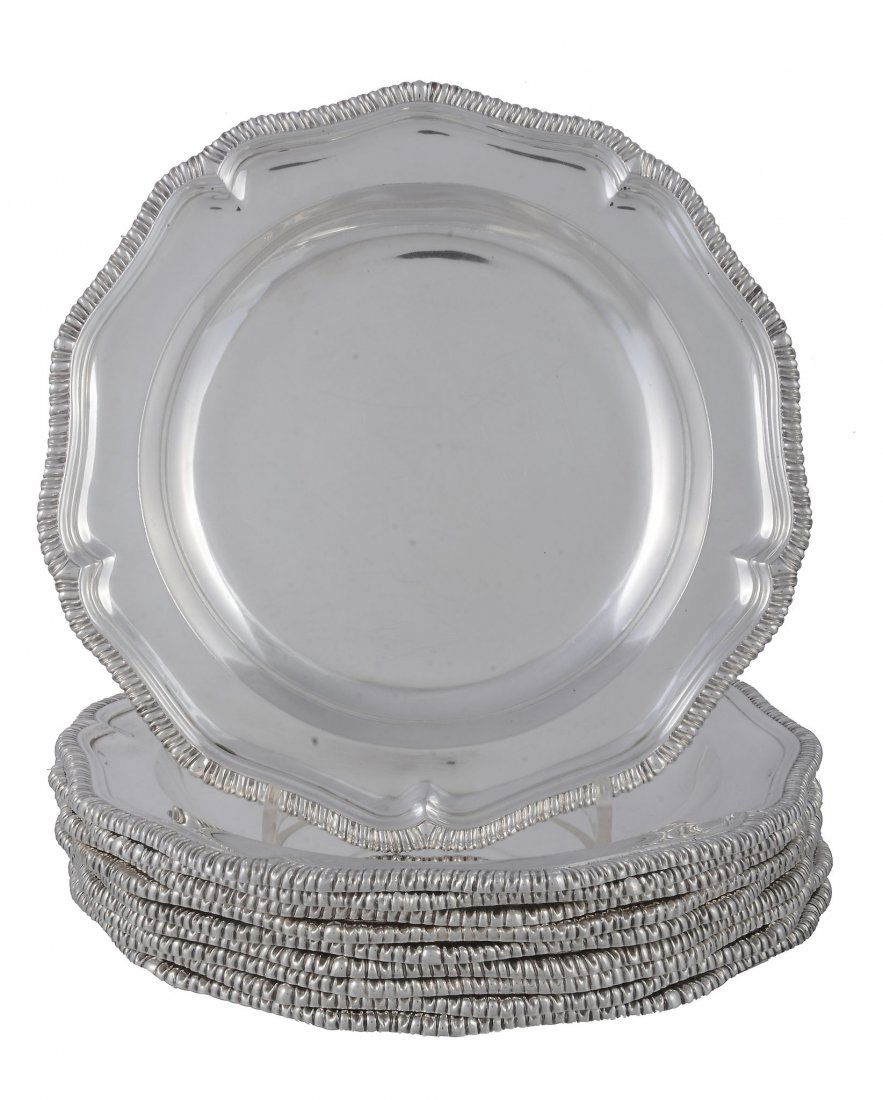 A set of ten late Victorian silver cinquefoil soup: A set of ten late Victorian silver cinquefoil soup plates by Charles Stuart Harris, London 1893, with gadrooned borders, 24cm (9 1/2in) diameter, 5992g (192.65 oz)