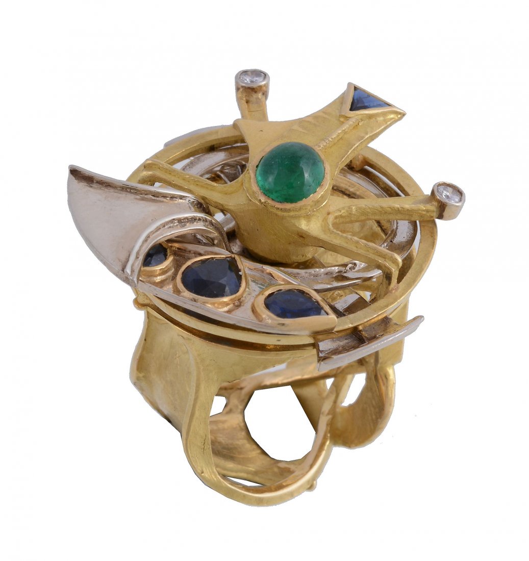 An emerald, diamond and sapphire ring by Claudio Tacchi (1 of 1)