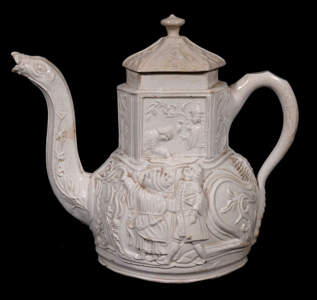 A Staffordshire saltglazed stoneware camel teapot and (1 of 3)