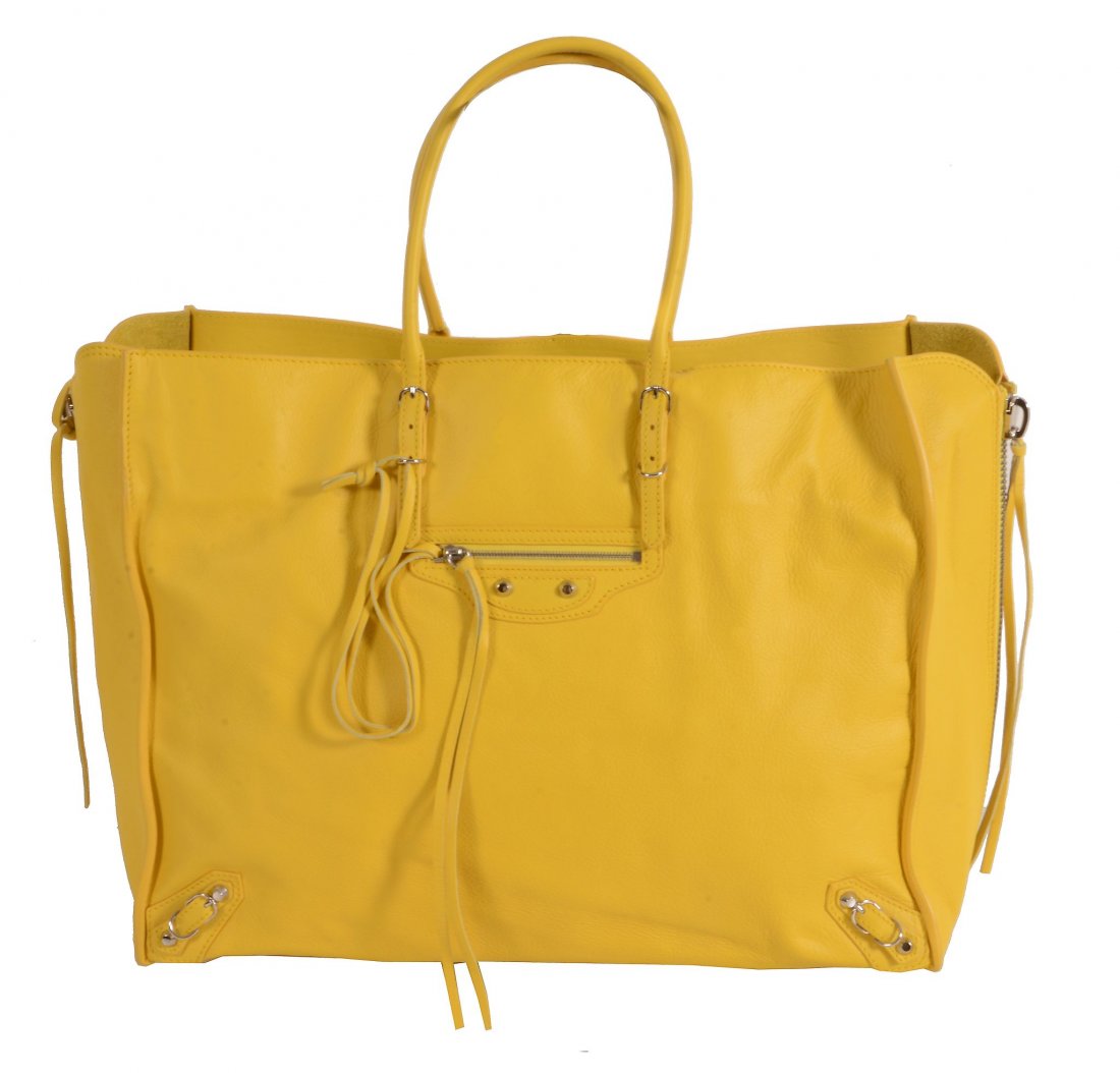 Balenciaga, Papier, Mini A4, a yellow leather tote bag: Balenciaga, Papier, Mini A4, a yellow leather tote bag, with twin loop leather handles, and exterior zip pocket, the interior with two pockets, 41 x 30.5 x 16cm, with a Balenciaga dust bag