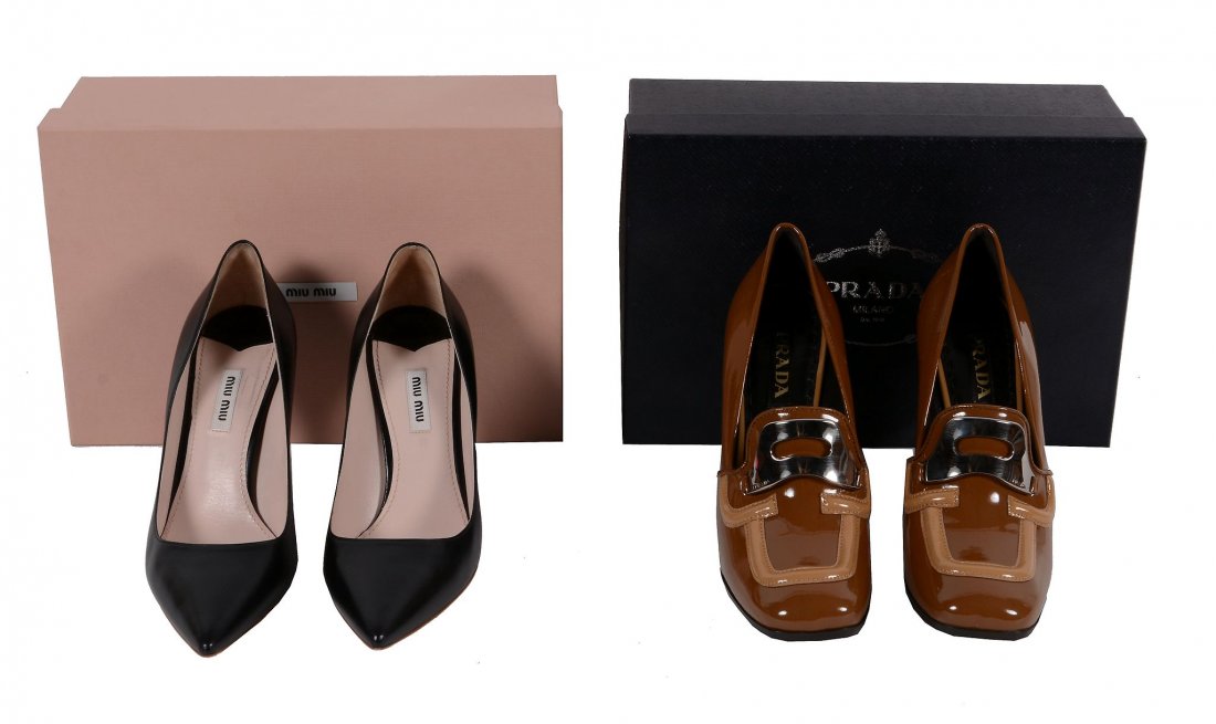 Prada, a pair of Vernice Bicolour in two shades of: Prada, a pair of Vernice Bicolour in two shades of coffee patent leather, with high heel, size 40, boxed and with dust bags; Mui Mui, a pair of capretto painted toe black stilleto heel shoes, the arch