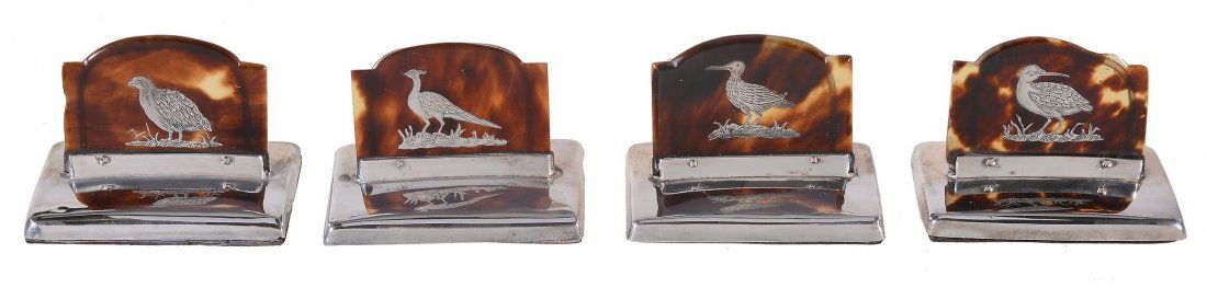 A set of four silver and tortoiseshell menu holders by (1 of 6)