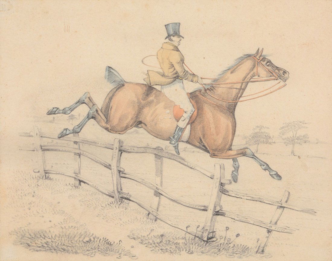 Henry Thomas Alken (1784-1851) - Full Cry; The Fall: Pencil and watercolour Each 21.5 x 27cm (8 1/2 x 10 5/8 in.) Together with three further pencil and watercolour studies by the same hand, Over the Fence; Full Cry each c.13.5 x 17 cm (5 1/8 x 7 in) an