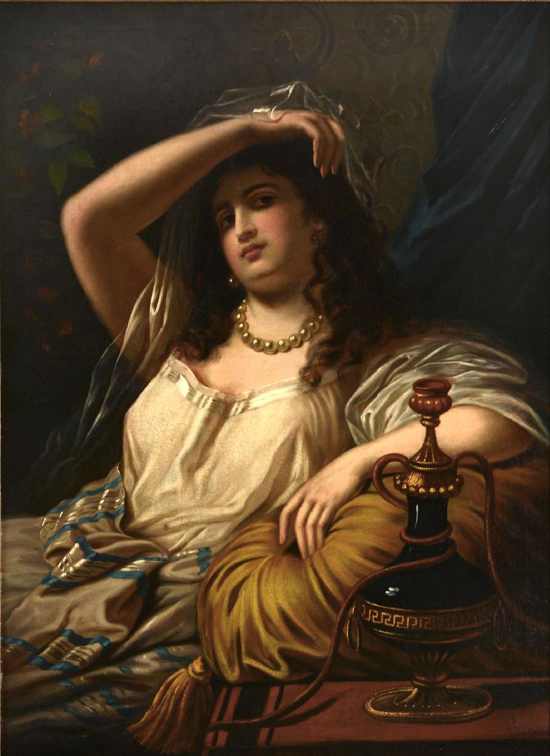Follower of Théodore Jacques Ralli Reclining woman: Follower of Théodore Jacques Ralli (Greek 1852-1909) Reclining woman with a hookah Oil on canvas 101 x 74cm (43 3/4 x 29 1/8in.)