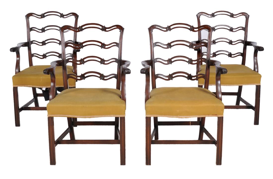 A set of four ladderback armchairs in George III style,: A set of four ladderback armchairs in George III style, 20th century, after a design by Thomas Chippendale,