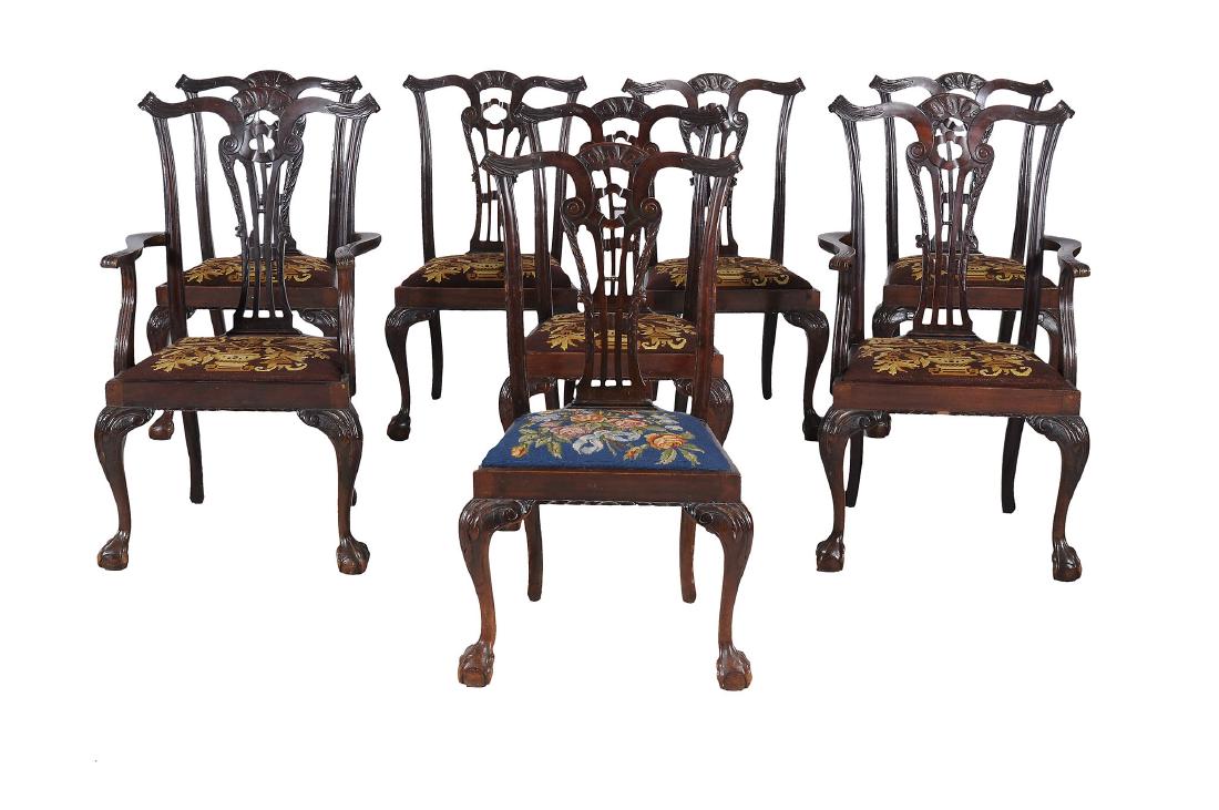 A set of eight mahogany dining chairs in George III: A set of eight mahogany dining chairs in George III style, early 20th century, after the manner of Thomas Chippendale, to include two armchairs