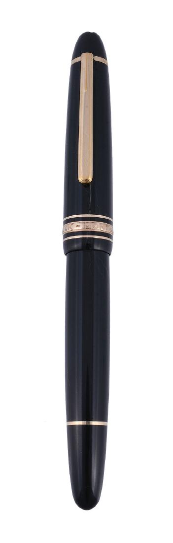 Montblanc, Meisterstuck, 146, a black fountain pen: Montblanc, Meisterstuck, 146, a black ball point pen, the black cap and barrel with gilt trim, the nib stamped 14K, with a piston filling system, inked.Please note: This pen is a ball point pen and no