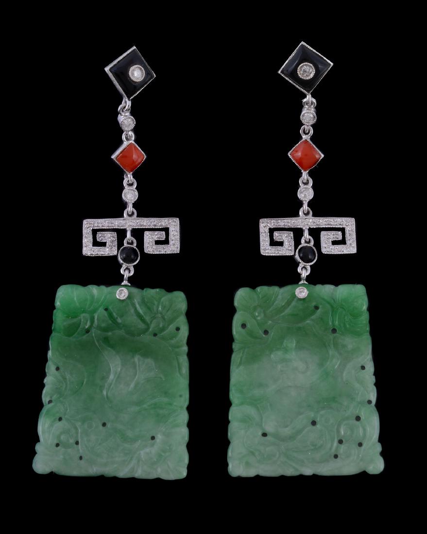 A pair of jadeite jade, diamond, coral and onyx (1 of 1)