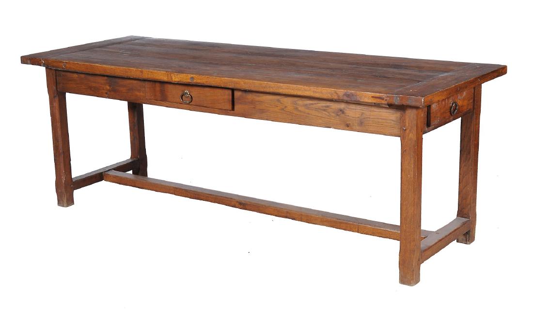 A French refectory table , 19th century, with a frieze: A French refectory table , 19th century, with a frieze drawer to shortest end and to centre of one of the longest sides, 79cm high, 217cm long, 79cm wide