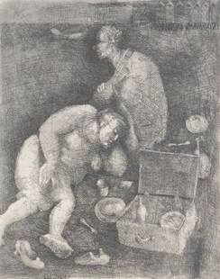 Domenico Gnoli (Italian, 1933-1970) - Pick Nick on the: Etching and aquatint Signed in pencil, titled, dated 1961 and numbered 9/20 Plate: 33 x 26cm. (13 x 10 1/4in.) (3) Together with two further etching and aquatints ' Nina La Ruffiana ' and 'The Ship of