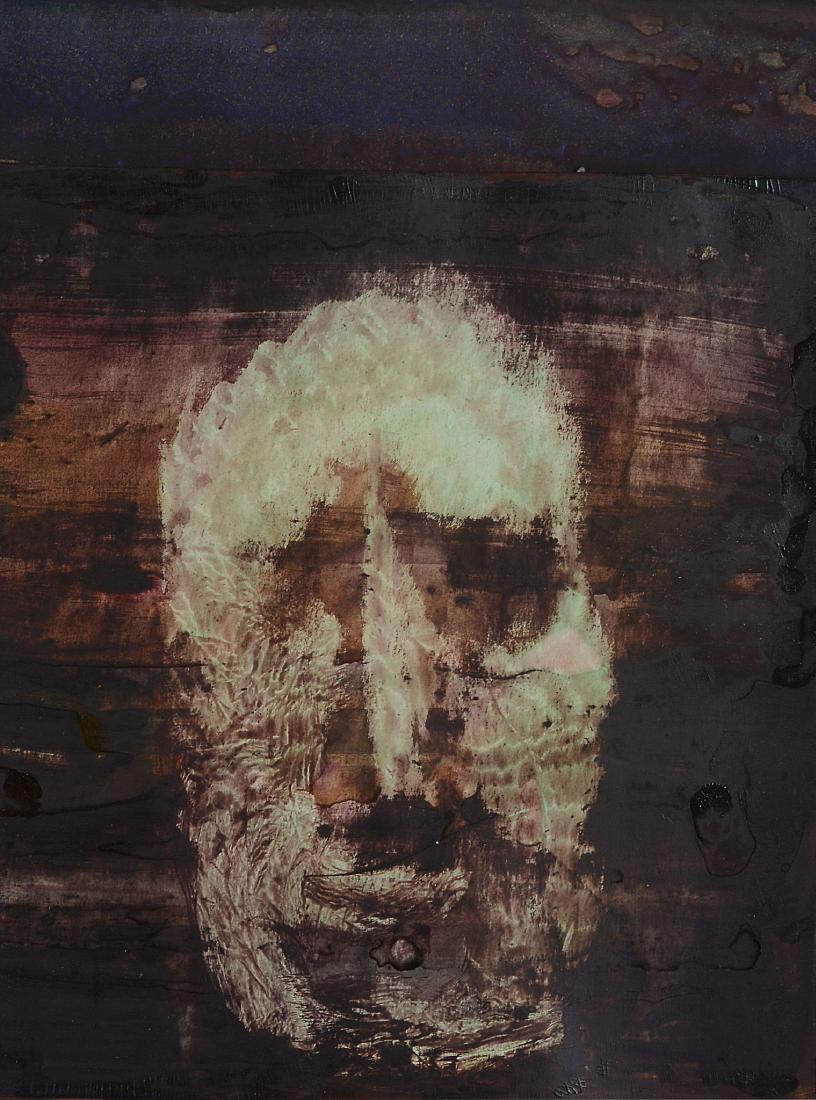 Ida Barbarigo (Italian, b. 1920) - Portrait: Gouache and oil on paper laid to painted board Signed lower right, inscribed ' Pour Jan Krugier' lower centre and dated V. 26.7 1996 lower left 34 x 33cm. (13 1/4 x 13in.) All lots in this sale have b