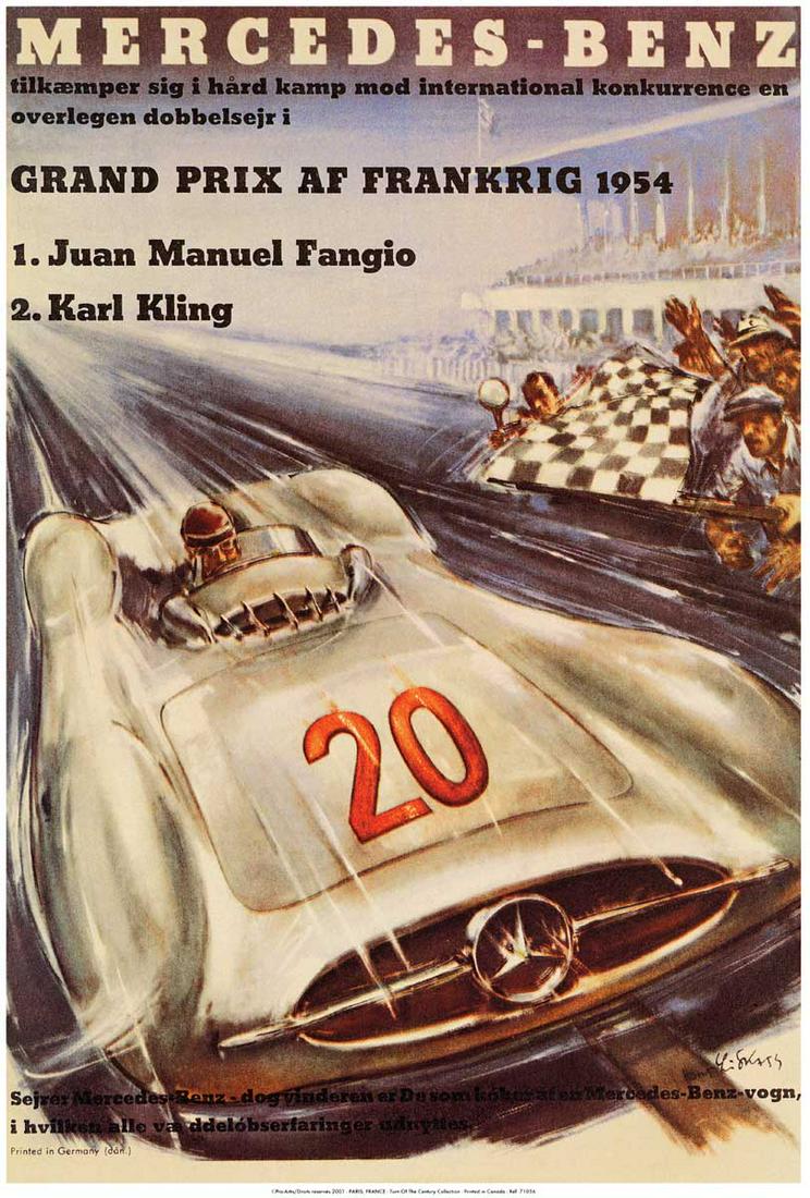 Anonymous Mercedes Benz Grand Prix At Frankrig 1954: Artist: Anonymous Title: Mercedes Benz Grand Prix at Frankrig 1954 Medium: Fine Art Giclee on Canvas Image Size: Approximately 30 inches x 20 ¼ inches Framed: Unframed on Unstretched Canvas Details: