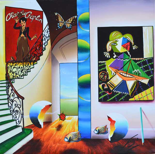 Ferjo Chaplin and Maya Signed Original: Artist: Ferjo (b. 1946) Title: Chaplin and Maya Medium: Original Acrylic on Canvas Signature: This one-of-a-kind work is hand-signed by the artist at the bottom of the image Image Size: Approximately