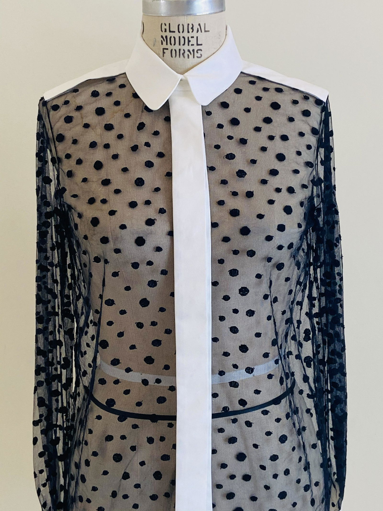Chloe tulle sheer shirt: Chloe navy blue and white dot embroidery tulle sheer shirtsize m
