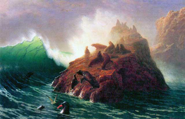 BIERSTADT ** SEA ROCKS 1872: Artist : Albert Bierstadt (b. 1939) Title: Sea Rocks 1872 Medium: Fine Art Reproduction Giclee on Canvas Image Size: Approximately13 inches x 20 inches Framed: Unframed on Unstretched Canvas Biography