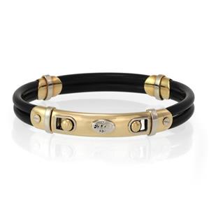 Chimento Italy 18k Yellow Gold 2 Row Black Rubber Fancy: This is a lovely authetic chic bracelet from Chimento, it is crafted from 18k yellow and white gold featuring a double row black rubber cord with yellow and white gold accent. The front of the band ha