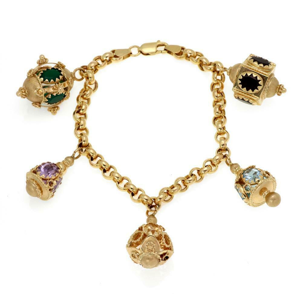 Multi-Color Gems 14k Yellow Gold 5 Fancy Charms Chain (1 of 3)