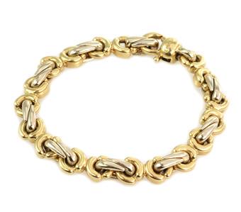 Chimento 18k Two Tone Gold Fancy Link Bracelet: This is a fancy hallow chubby link men's bracelet by Chimento, crafted from 18k yellow and white gold featuring 8 sets of long link between double round links, the long links are in white gold and the