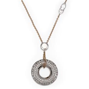Chimento Diamond 18k Rose White Gold Logo Circle: This lovely authentic pendant and chain is by Chimento, crafted from 18k white and rose gold featuring a high base open ring pendant in white gold with the engrave logo around the base and diamond rou