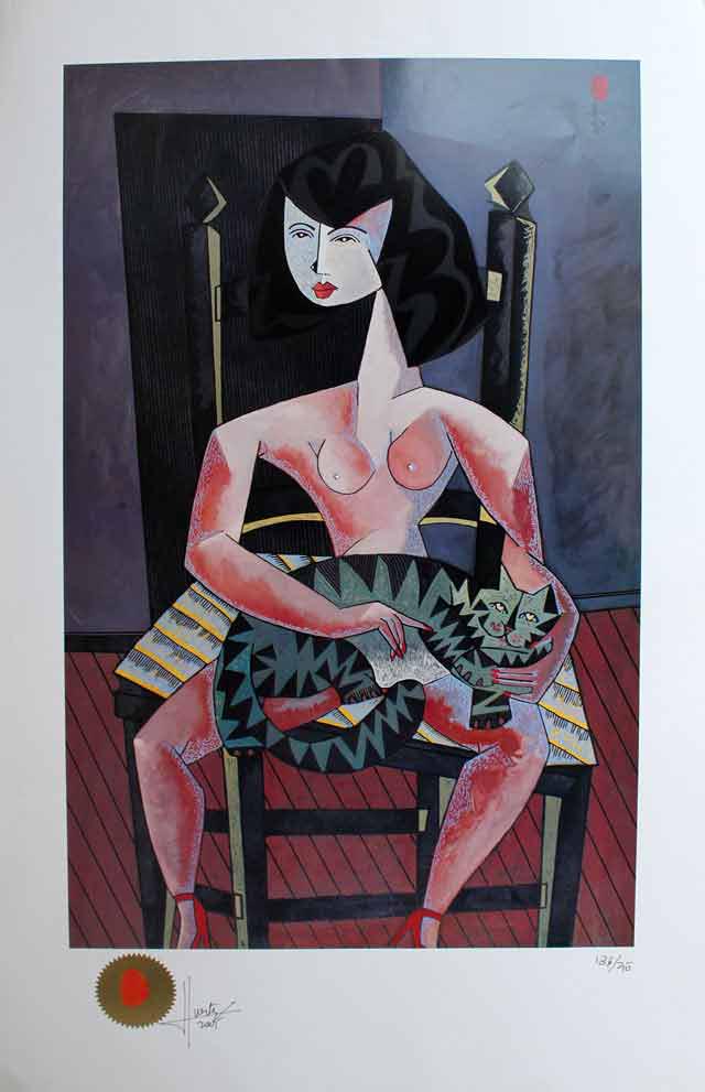 FUERTES ** SENTADO CON GATO ** SIGNED: Artist: Jesus Fuertes Title: Sentado Con Gato Medium: Lithograph on Paper Signature: Hand-signed by the artist Limited Edition: PA Image Size: Approximately 27 inches x 16 ½ inches Paper Size: Approx
