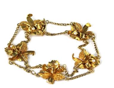 Art Nouveau 10k Yellow Gold Pearls 5 Floral Link Double (1 of 4)