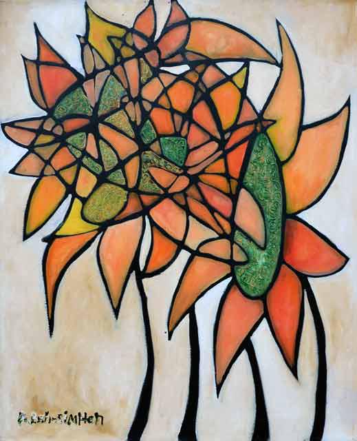 BEN-SIMHON ** GREEN AND ORANGE SUNFLOWERS ** ORIGINAL (1 of 2)