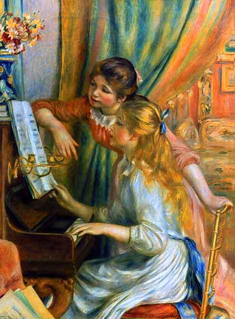 Artist: Pierre-Auguste Renoir 1841-1919 Title: Girls at: Artist: Pierre-Auguste Renoir 1841-1919 Title: Girls at the Piano Medium: Fine Art Reproduction Giclee on Canvas Image Size: Approximately 20 inches x 14 ¾ inches Framed: Unframed on Unstretche