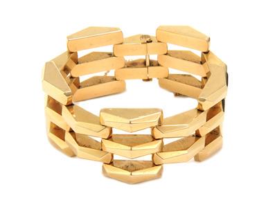 Estate 14k Yellow Gold Triple Row Fancy Bar Link Wide: This wide fashionable bracelet is crafted from 14k yellow gold featuring alternating 3 and 2 high faceted cut curved bar links with open space in between, the link are joined together by fine pins whi