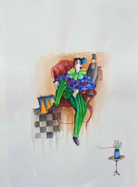 TARKAY ** THE CLOWN ** ORIGINAL WATERCOLOR (1 of 3)