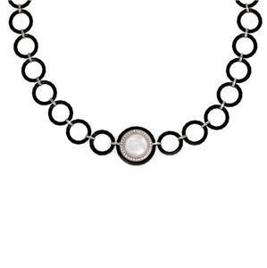 Charriol Diamond Mother of Pearl 18k White Gold Steel: This is a stunning ring link necklace by Charriol, it is crafted from 18k white gold with black stainless steel, the center larger round steel cable frame has a round mother of pearl in the center sur