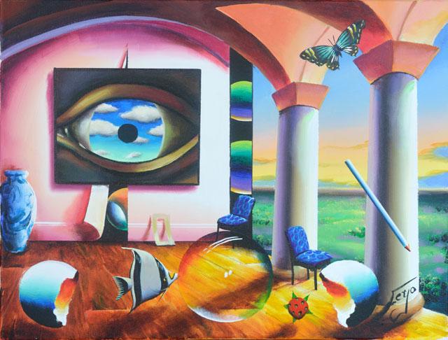 Artist: Ferjo (b. 1946) Title: The Eye of Surrealism: Artist: Ferjo (b. 1946) Title: The Eye of Surrealism Looks On Medium: Original Acrylic on Canvas Signature: This one-of-a-kind work is hand-signed by the artist at the bottom of the image Image Size: