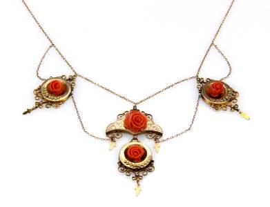 Antique Victorian 14kt Rose Gold Coral Roses Drop Charm Necklace (1 of 5)