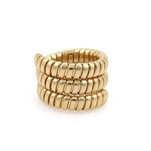 Bvlgari Bulgari Tubogas 18k Yellow Gold Wide Wrap Band Ring Size 7: This authentic Bvlgari piece is finely crafted from 18k yellow gold in a high polished finish. It comes from Bvlgari's Tubogas collection and features the classic Tubogas triple wrapped design. It is