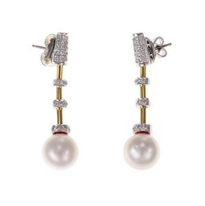Fabulous 1.00ct Diamond South Sea Pearls 18k Gold Fancy Dangle Earrings: This gorgeous pair of earrings are crafted from 18k yellow and white gold with a polished finish. It features a 9.7mm long top in white gold with sparkling diamond and attached to that is a 2mm thick