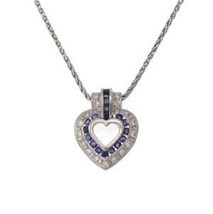 Platinum Diamond Sapphire Heart Pendant & Chain Necklace: This lovely open heart pendant and wheat woven chain is crafted from platinum, the pendant has an open heart shape with the bail has an inner row set with sapphires and bordered with round cut