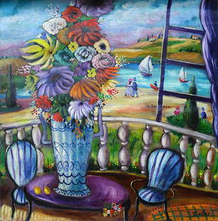 ALTER ** FROM THE BALCONY ** ORIGINAL: Artist: Shlomo Alter Title: From the Balcony Medium: Original Acrylic on Canvas Signature: This one-of-a-kind work is hand-signed by the artist at the bottom of the image Image Size: Approximately 30