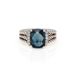 David Yurman Diamond Blue Topaz 925 Silver 3 Row Cable Ring (1 of 4)