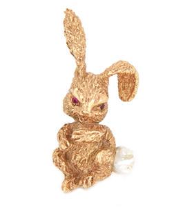 Vintage 14k Ruser Gold Ruby Pearl 3D Rabbit Brooch (1 of 6)