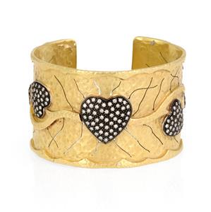 Hammered 18k Two Tone Gold 3ct Diamond Hearts Wide Cuff Bracelet: This is a gorgeous wide cuff bracelet is crafted from 18k yellow and black rhodium gold, it is 1.60 inches wide with a hand hammerd design, the front center of the band has a long vinte with short ste