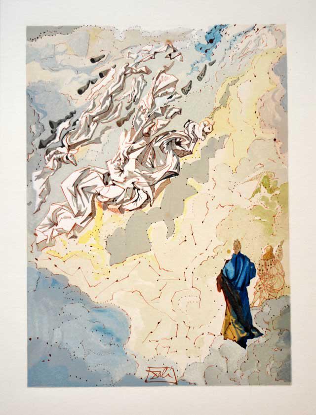 DALI ** THE CONSTELLATION OF BLESSED SPIRITS** WOODCUT BLOCK SIGNED: Artist: Salvador Dali Title: The Constellation of Blessed Spirits Medium: Woodcut in Colors on Paper Suite: Divine Comedy (Paradise â€“ Canto 20) Signature: Block-signed by the Artist Limited Edi