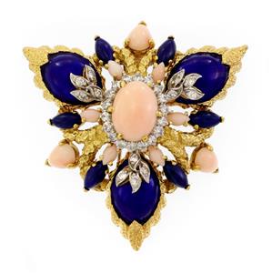 La Triomphe Estate 1.5ct Diamond Enamel Coral 18k Gold Large Floral Brooch (1 of 5)