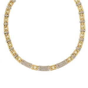 Chimento Diamond 18k Two Tone Gold Fancy Bar Open Link Collar Necklace: Stylish and authentic by Chimento, this collar necklace is crafted from 18k yellow and white gold featuring a centerpiece with 3 bar link in white gold decorated with triple row diamonds and between e