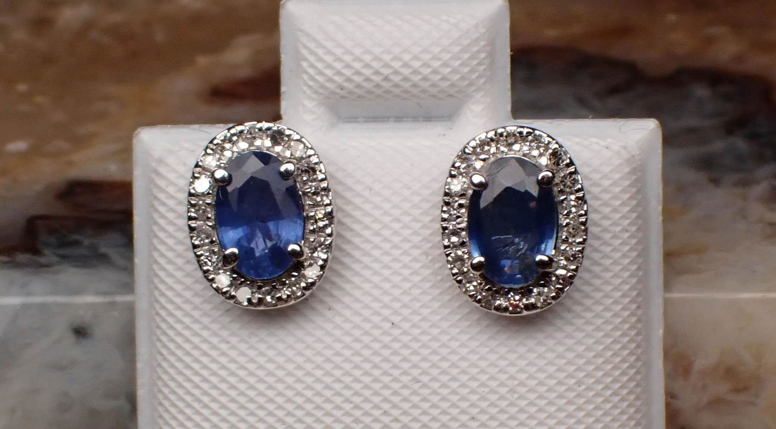PAIR OF SAPPHIRE AND DIAMOND EAR STUDS  14K WHITE GOLD (1 of 2)
