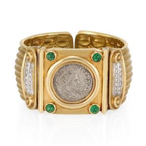 Dorfman Diamond Emerald Silver Coin 18k Yellow Gold 34mm Wide Cuff Bracelet (1 of 4)