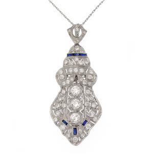 Art Deco 2.50ct Diamond Sapphire Platinum Pendant/Pin 14k White Gold Chain (1 of 5)