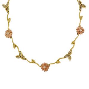 Estate Diamond 18k 14k Yellow & Rose Gold Floral Leaf Link Collar Necklace (1 of 5)