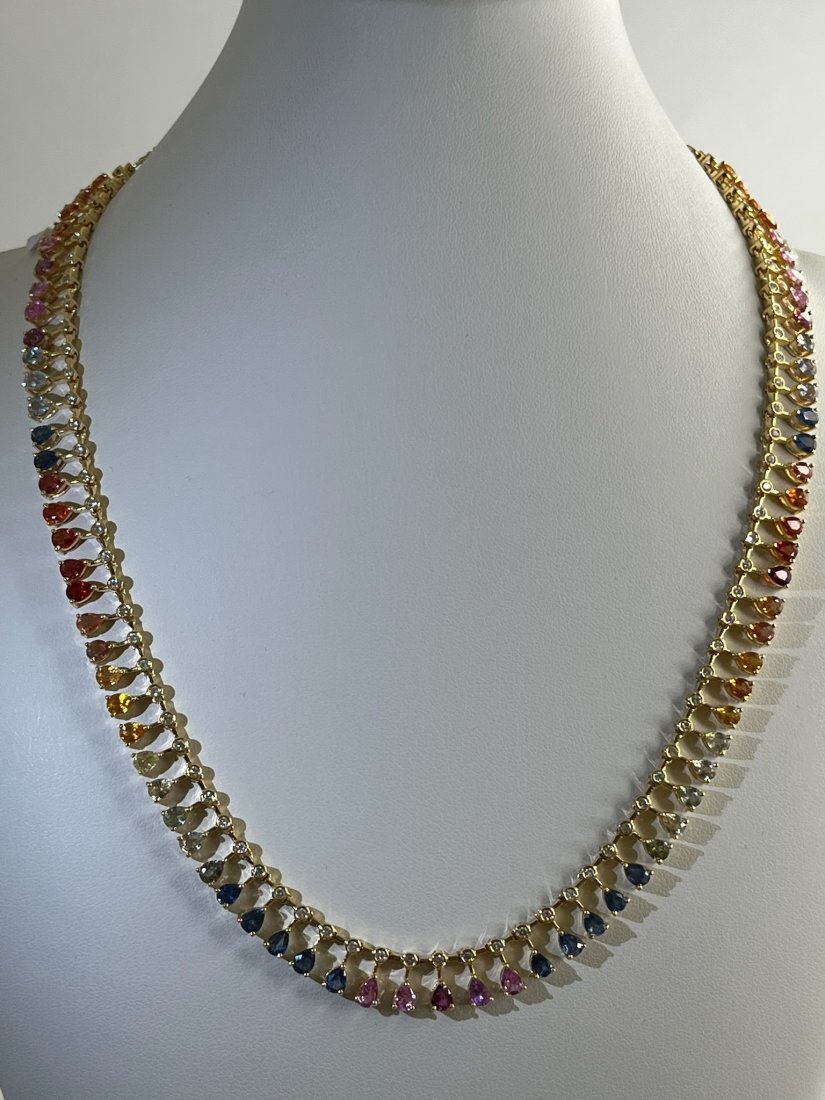 STUNNING DIAMOND AND MULTICOLOR SAPPHIRE NECKLACE SET IN 14K YELLOW GOLD. (1 of 4)