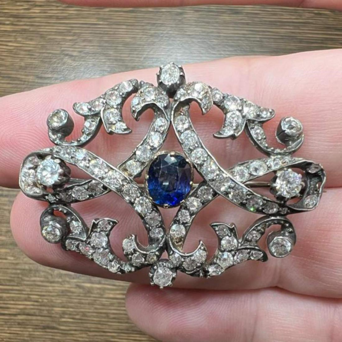 Victorian 18K & Silver Top Sapphire and Diamond Brooch (1 of 5)